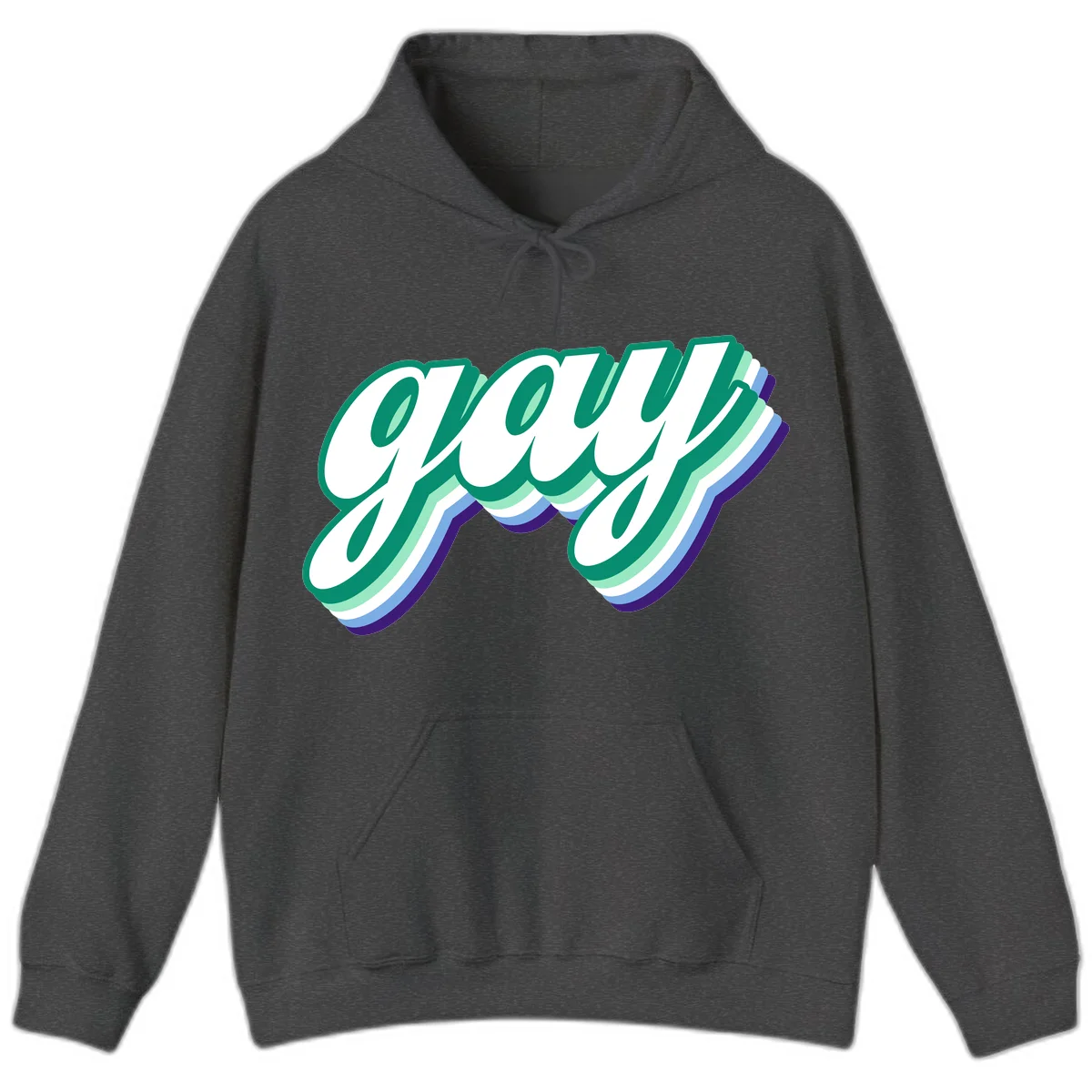 Gay pride layered script design with 3D rainbow color effect in teal, green, blue, and purple in Dark Heather