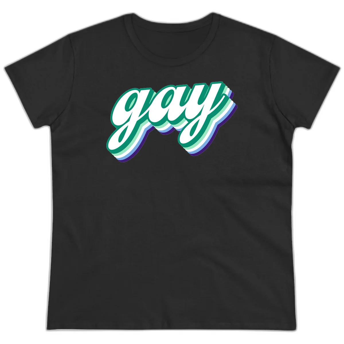 Gay pride layered script design with 3D rainbow color effect in teal, green, blue, and purple in Black