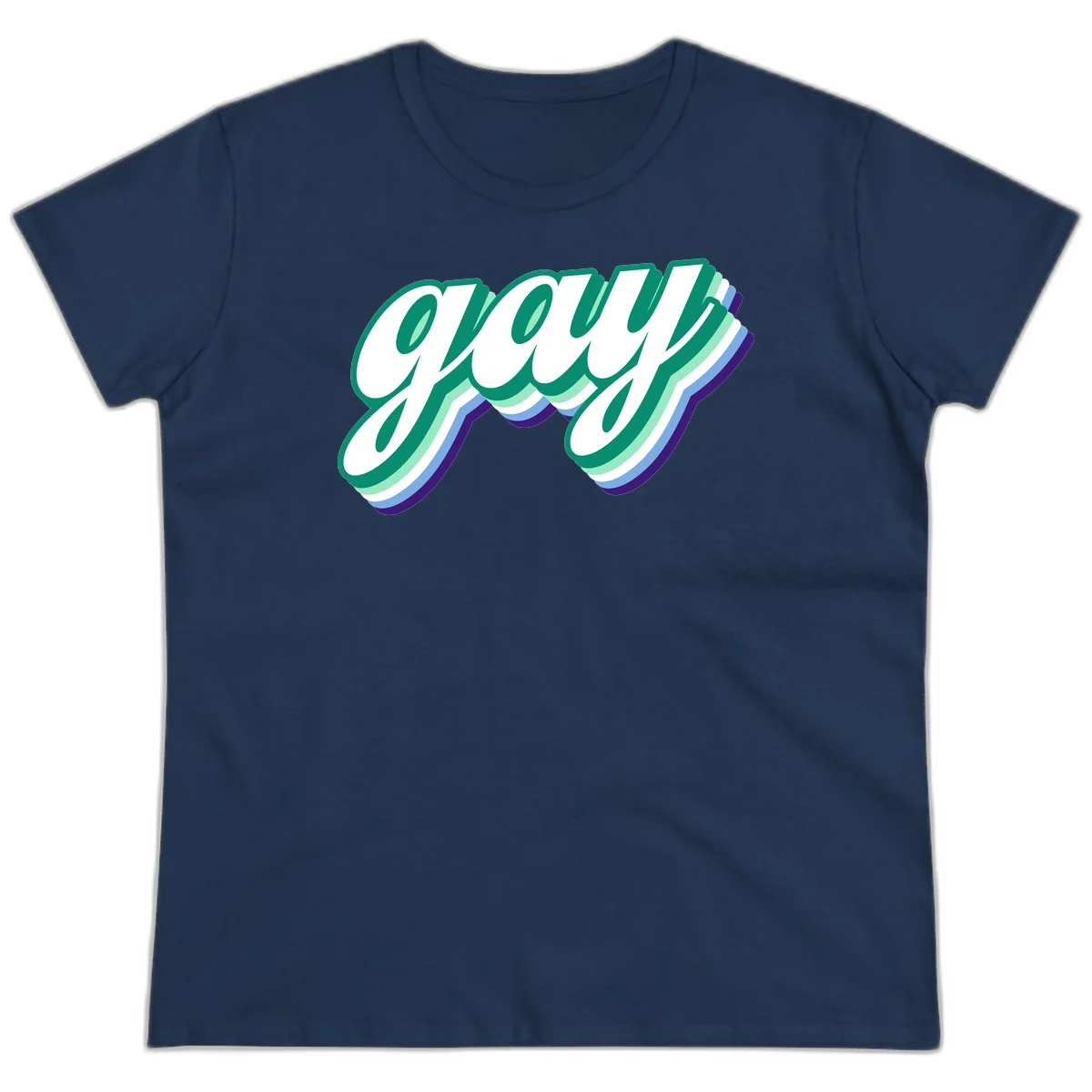 Gay pride layered script design with 3D rainbow color effect in teal, green, blue, and purple in Navy
