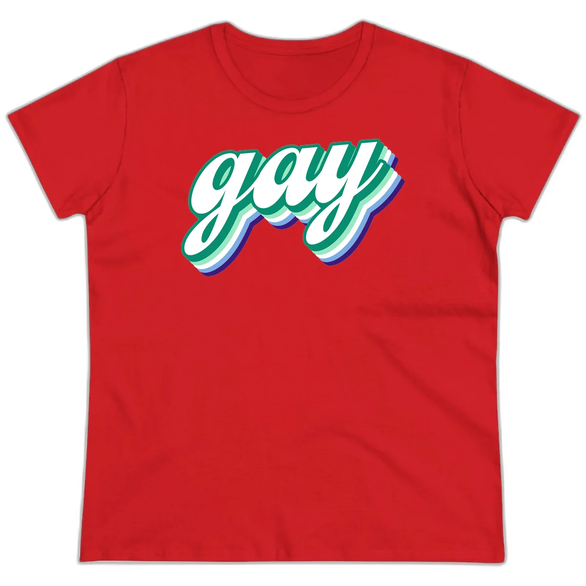 Gay pride layered script design with 3D rainbow color effect in teal, green, blue, and purple in Red