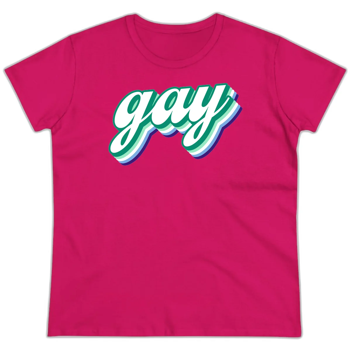 Gay pride layered script design with 3D rainbow color effect in teal, green, blue, and purple in Heliconia