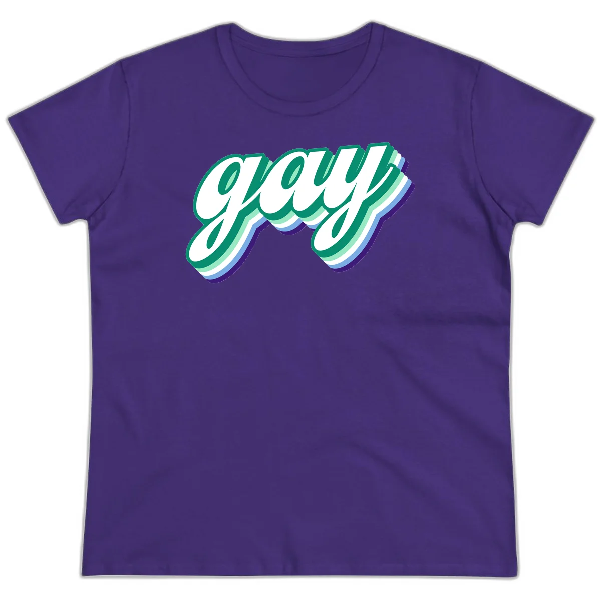 Gay pride layered script design with 3D rainbow color effect in teal, green, blue, and purple in Purple