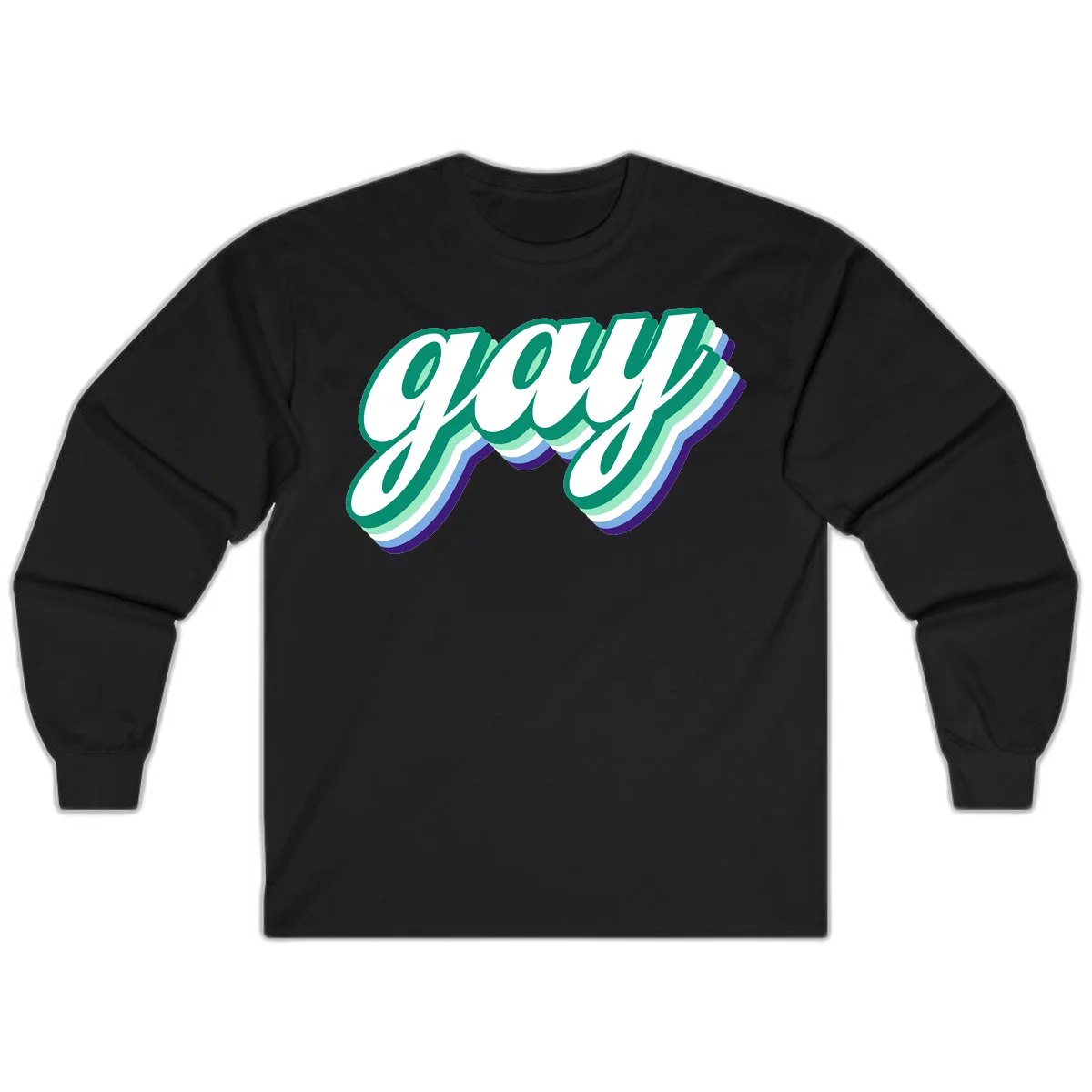Gay pride layered script design with 3D rainbow color effect in teal, green, blue, and purple in Black