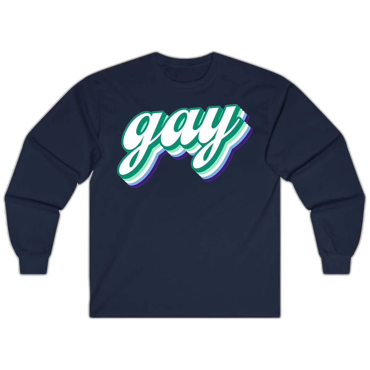 Gay pride layered script design with 3D rainbow color effect in teal, green, blue, and purple in Navy