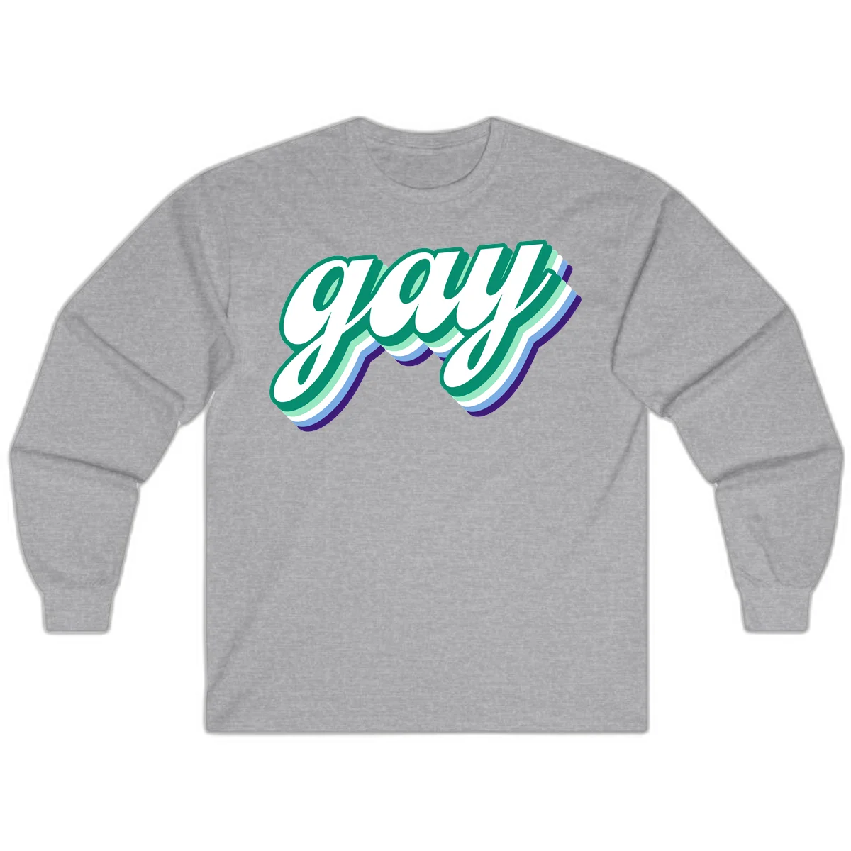 Gay pride layered script design with 3D rainbow color effect in teal, green, blue, and purple in Sport Grey