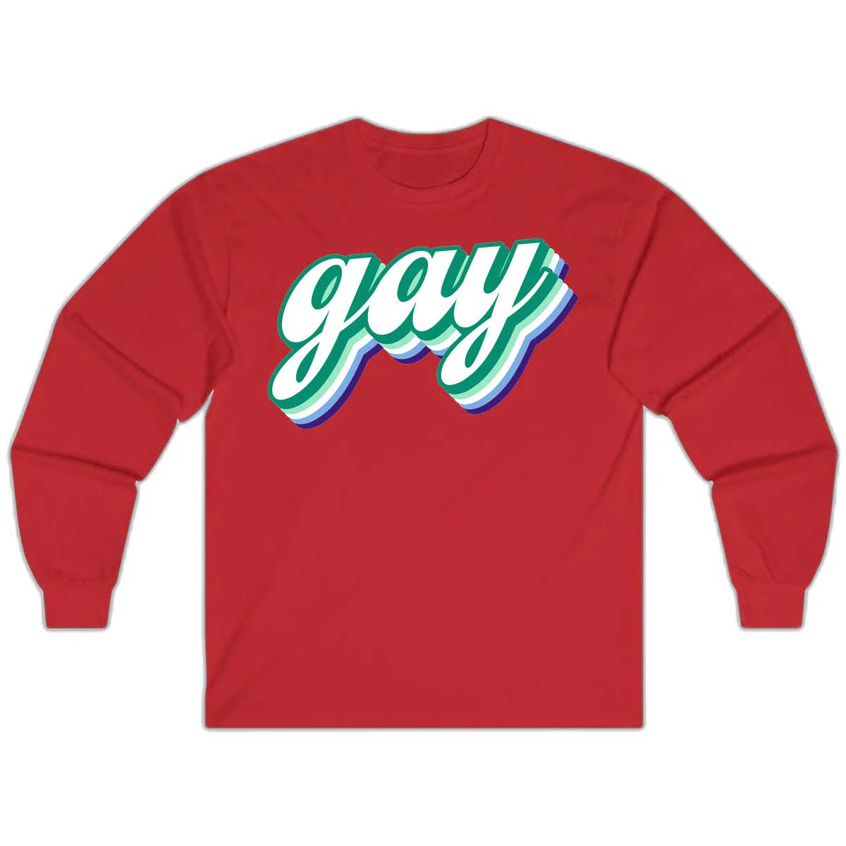 Gay pride layered script design with 3D rainbow color effect in teal, green, blue, and purple in Red