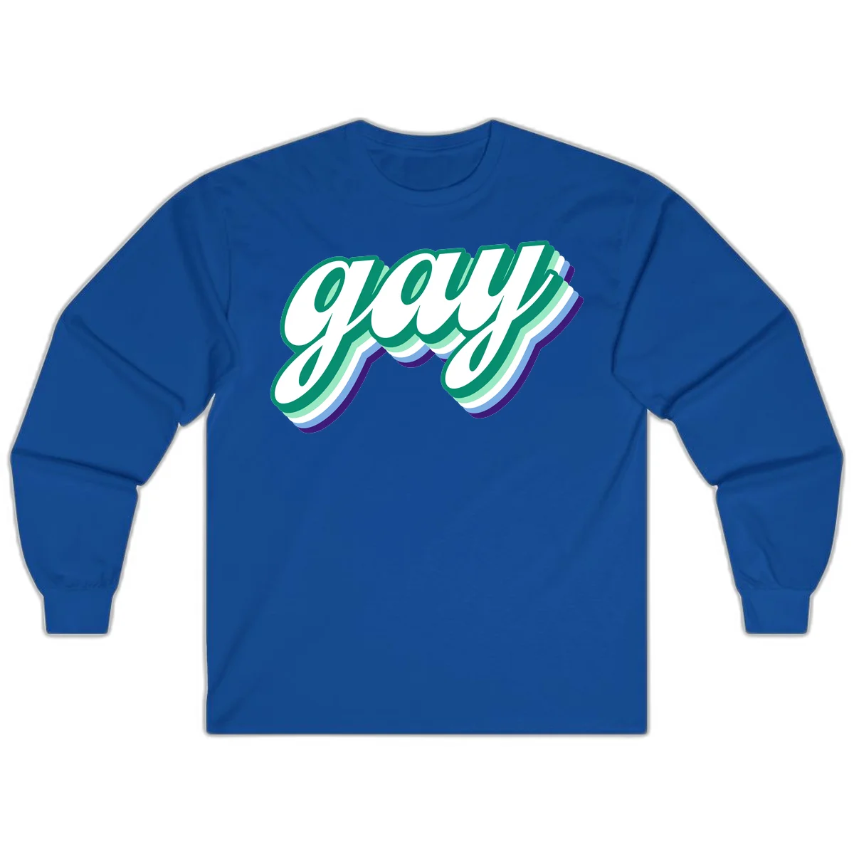 Gay pride layered script design with 3D rainbow color effect in teal, green, blue, and purple in Royal