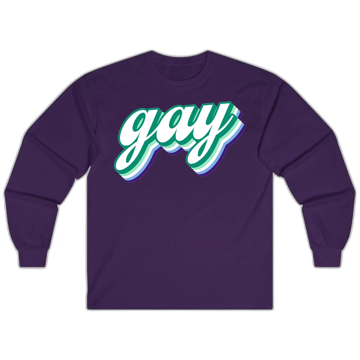 Gay pride layered script design with 3D rainbow color effect in teal, green, blue, and purple in Purple