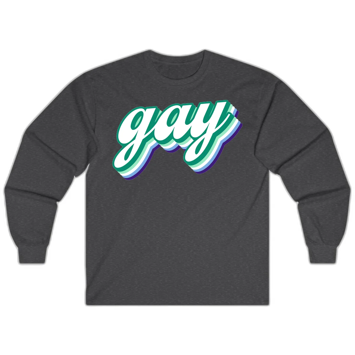 Gay pride layered script design with 3D rainbow color effect in teal, green, blue, and purple in Dark Heather