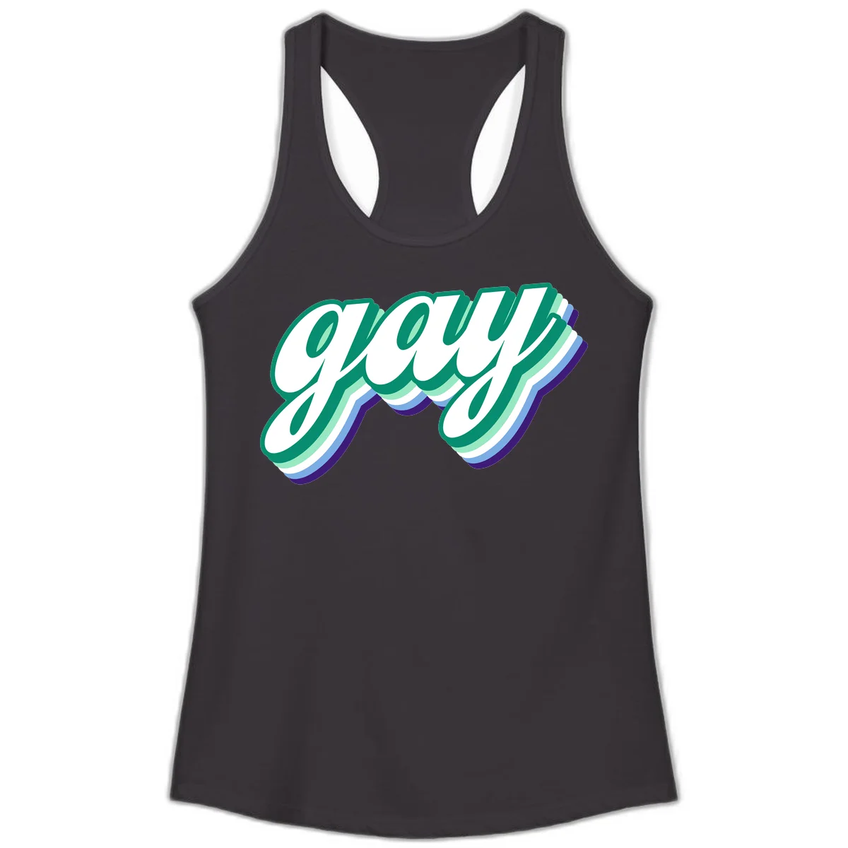 Gay pride layered script design with 3D rainbow color effect in teal, green, blue, and purple in Black