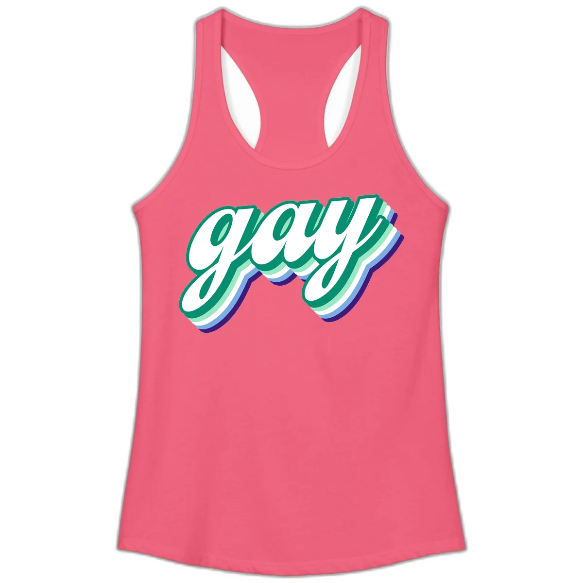 Gay pride layered script design with 3D rainbow color effect in teal, green, blue, and purple in Hot Pink