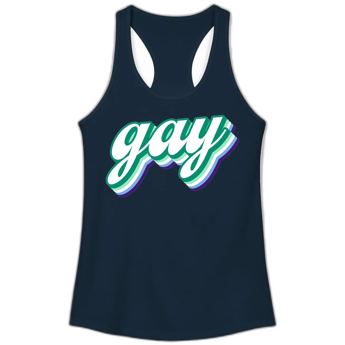 Gay pride layered script design with 3D rainbow color effect in teal, green, blue, and purple in Solid Midnight Navy