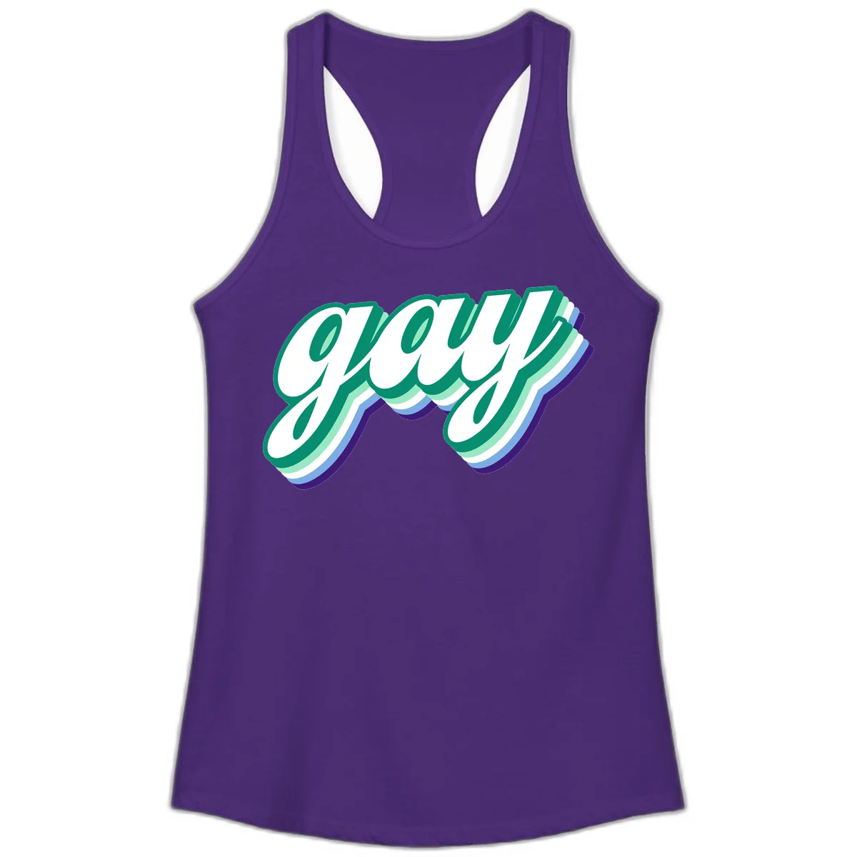 Gay pride layered script design with 3D rainbow color effect in teal, green, blue, and purple in Solid Purple Rush