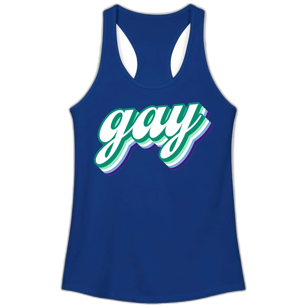 Gay pride layered script design with 3D rainbow color effect in teal, green, blue, and purple in Solid Royal