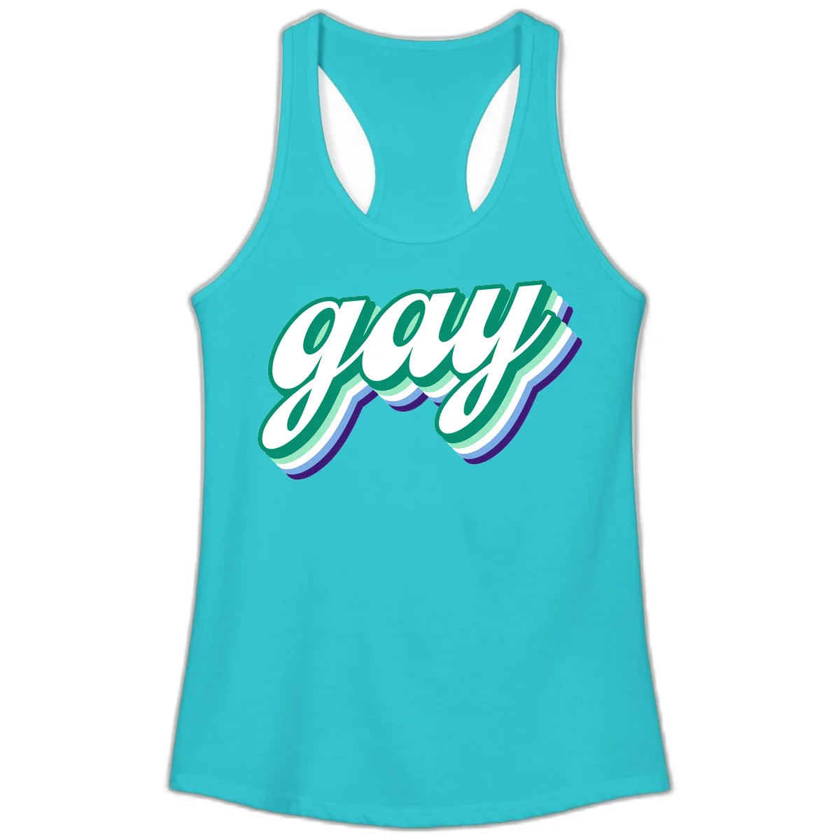 Gay pride layered script design with 3D rainbow color effect in teal, green, blue, and purple in Solid Tahiti Blue