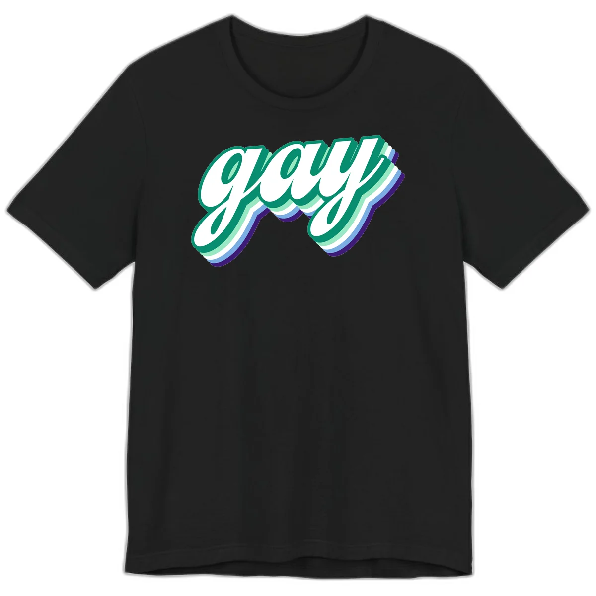Gay pride layered script design with 3D rainbow color effect in teal, green, blue, and purple in Black