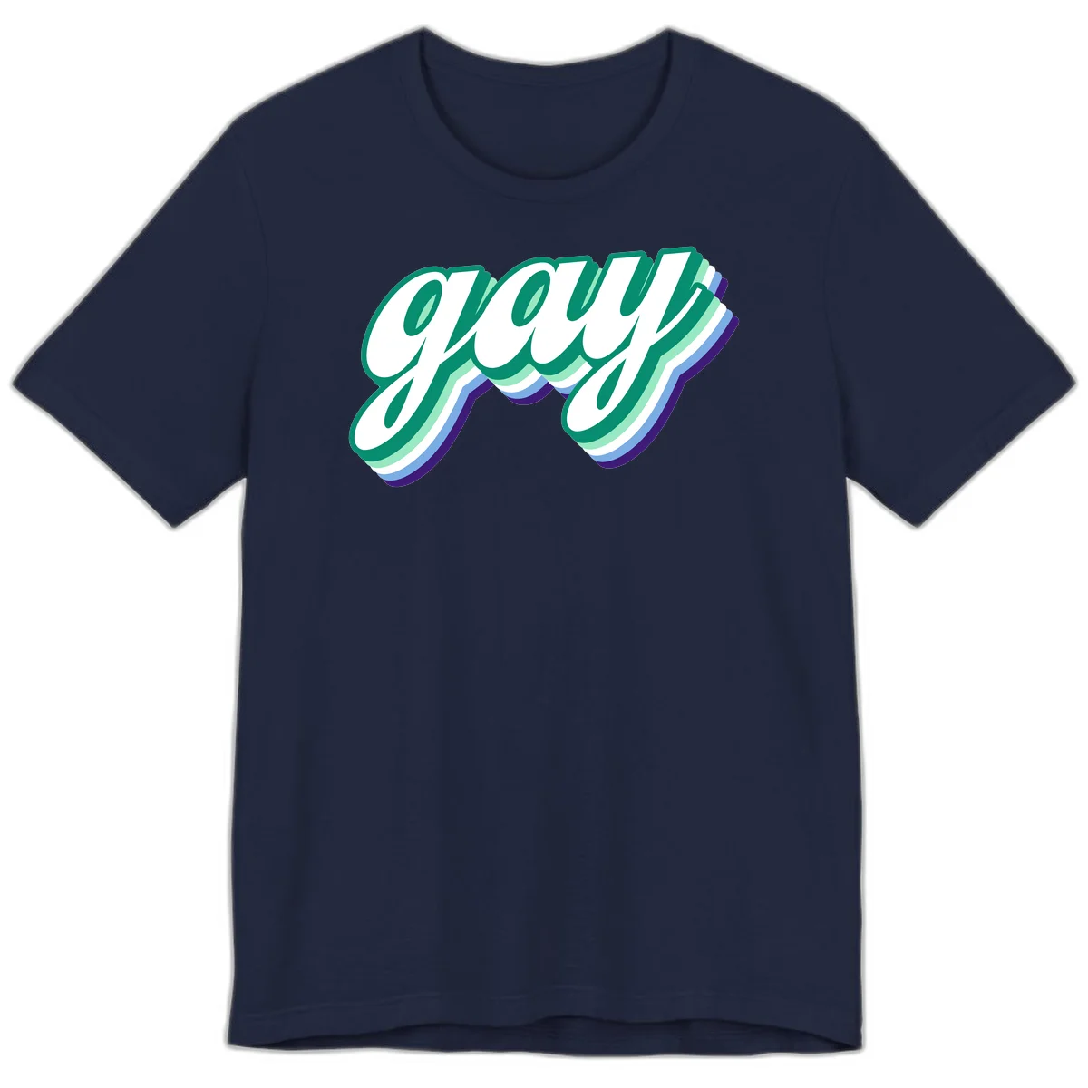 Gay pride layered script design with 3D rainbow color effect in teal, green, blue, and purple in Navy