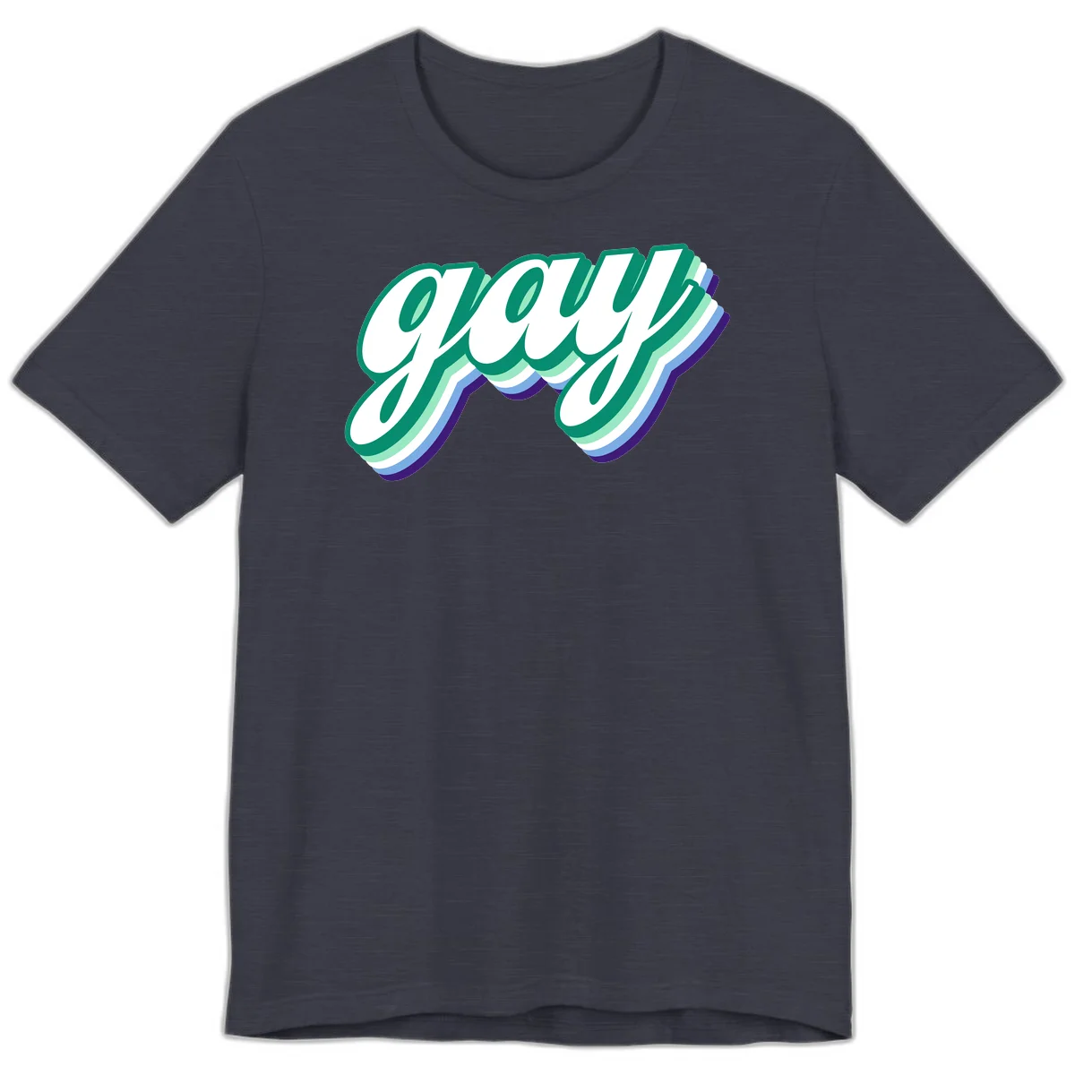 Gay pride layered script design with 3D rainbow color effect in teal, green, blue, and purple in Heather Midnight Navy