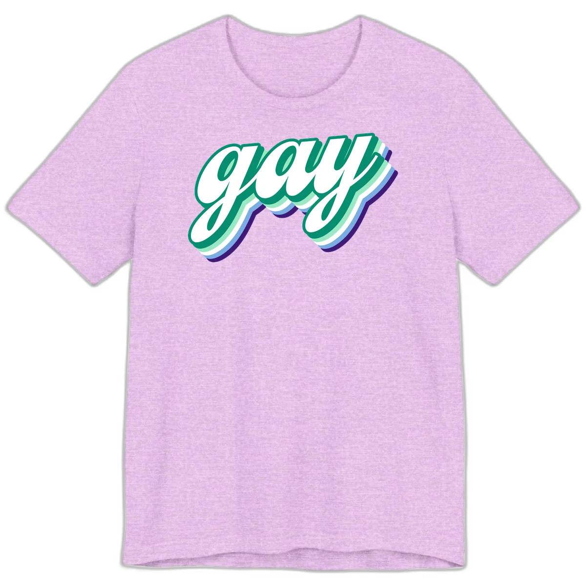 Gay pride layered script design with 3D rainbow color effect in teal, green, blue, and purple in Heather Prism Lilac
