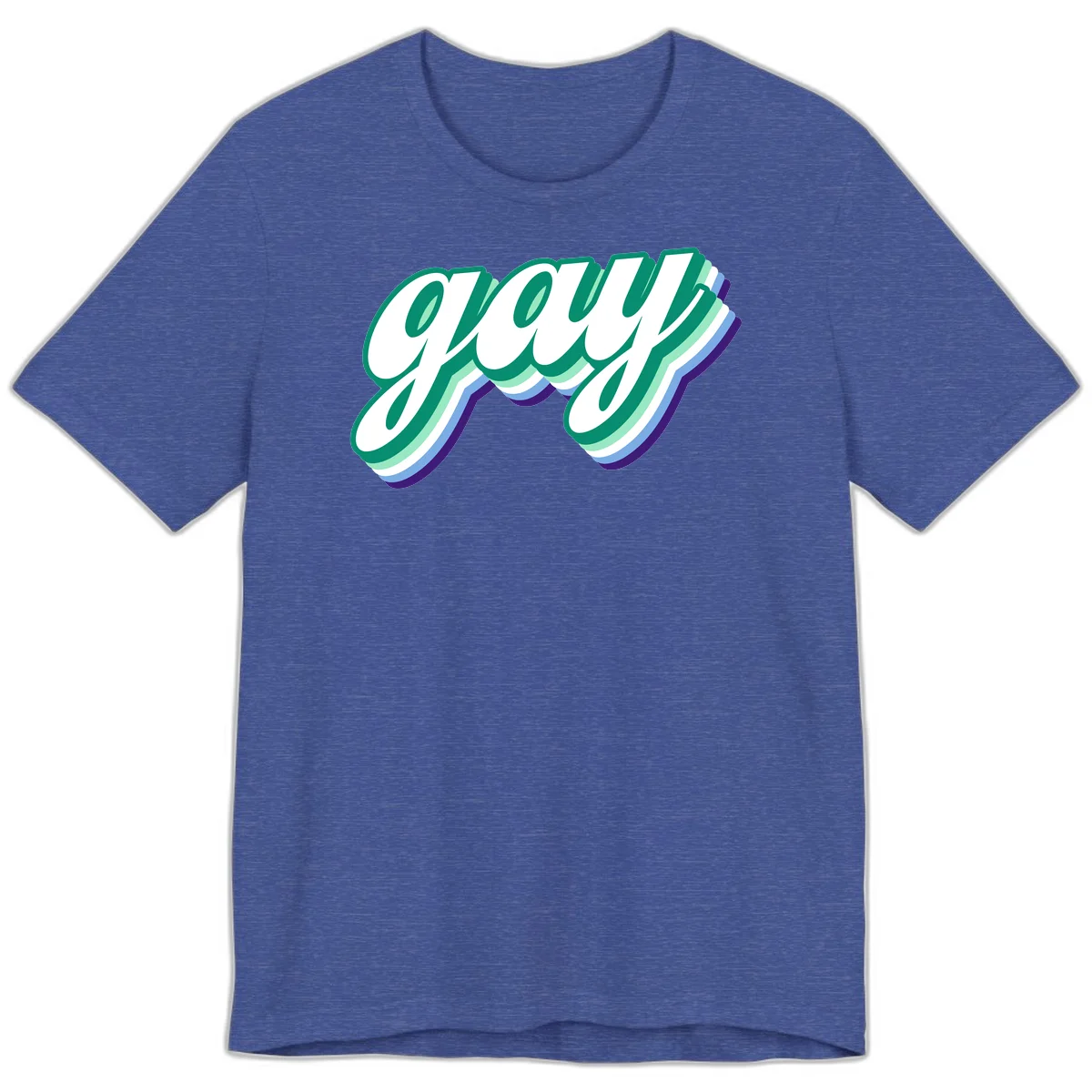 Gay pride layered script design with 3D rainbow color effect in teal, green, blue, and purple in Heather True Royal