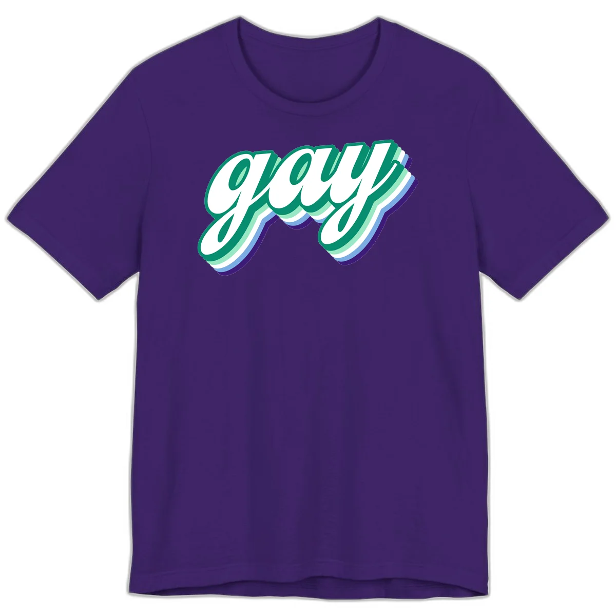 Gay pride layered script design with 3D rainbow color effect in teal, green, blue, and purple in Team Purple