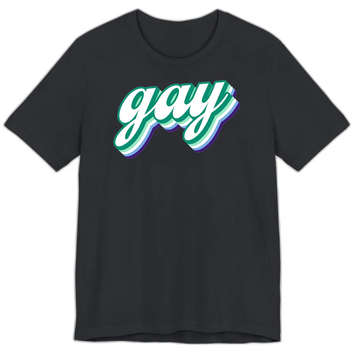 Gay pride layered script design with 3D rainbow color effect in teal, green, blue, and purple in Vintage Black