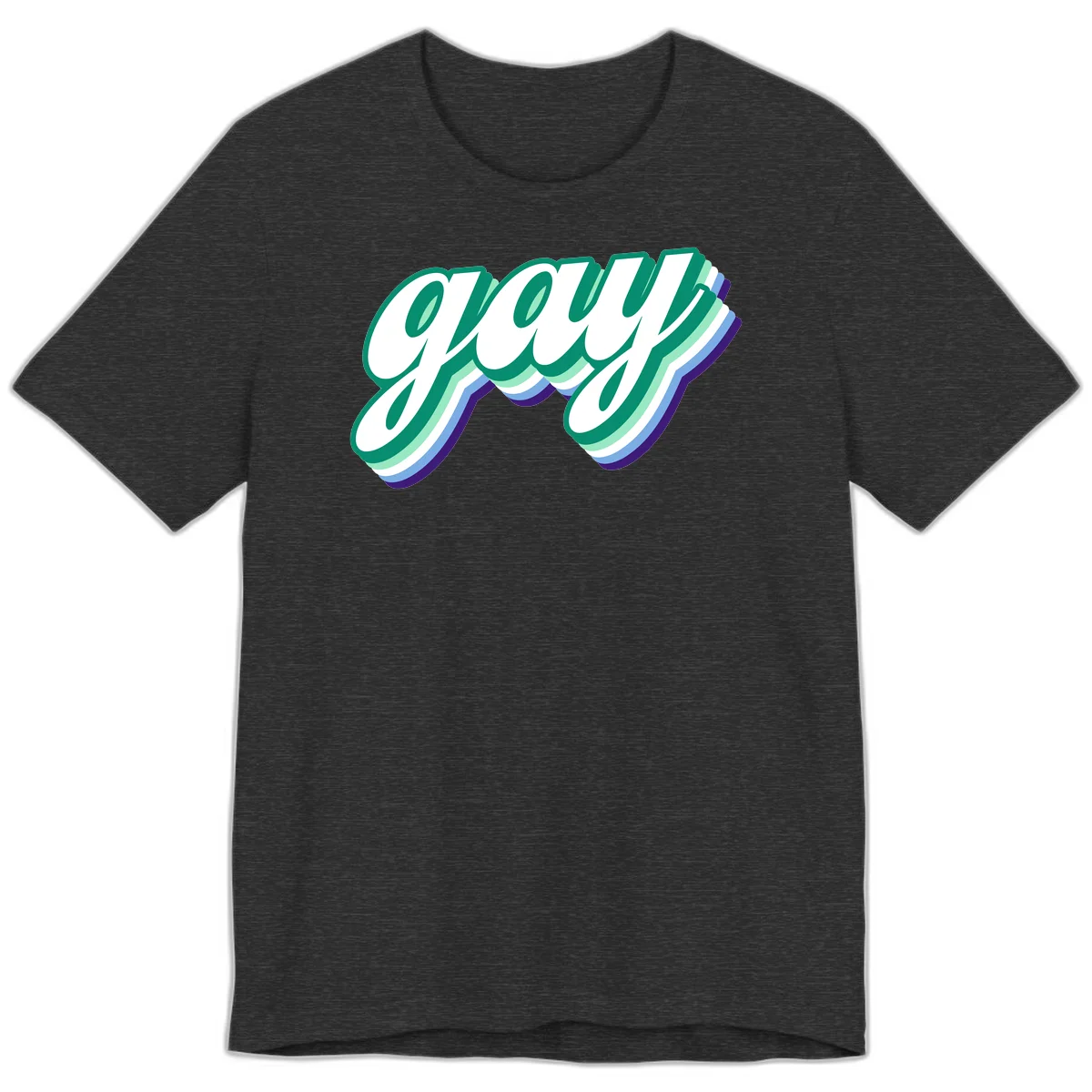 Gay pride layered script design with 3D rainbow color effect in teal, green, blue, and purple in Dark Grey Heather