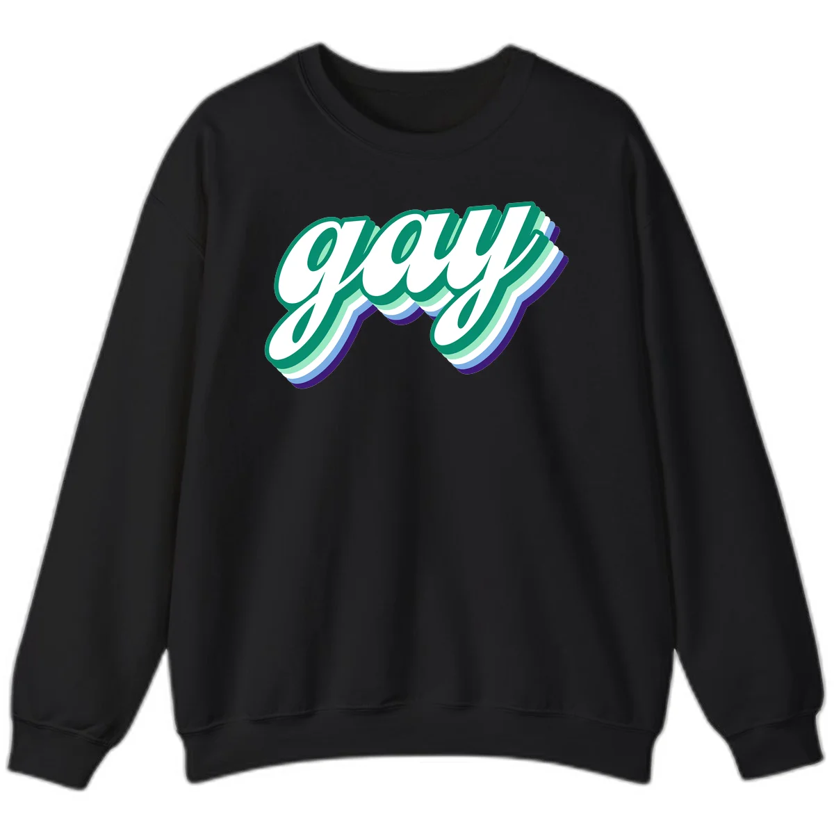 Gay pride layered script design with 3D rainbow color effect in teal, green, blue, and purple in Black