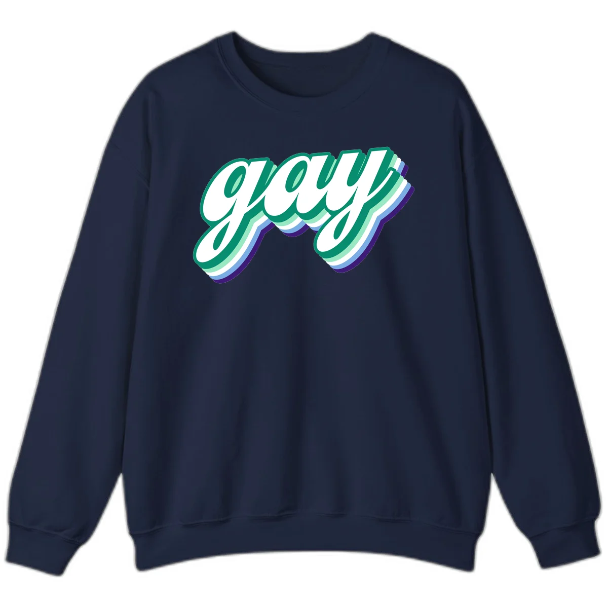 Gay pride layered script design with 3D rainbow color effect in teal, green, blue, and purple in Navy