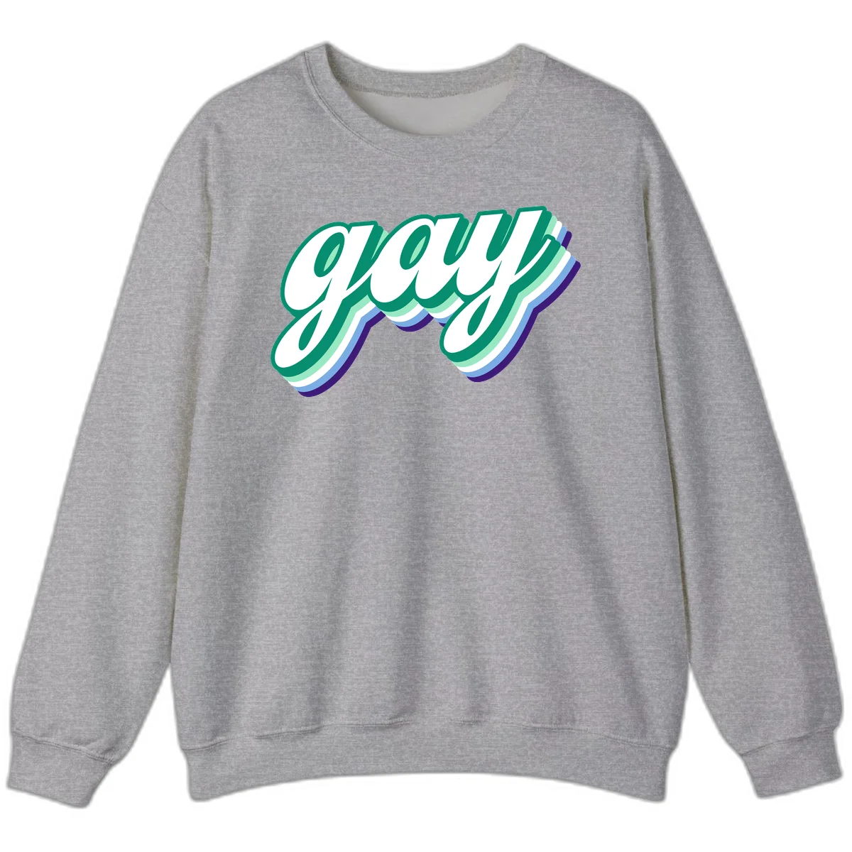 Gay pride layered script design with 3D rainbow color effect in teal, green, blue, and purple in Sport Grey