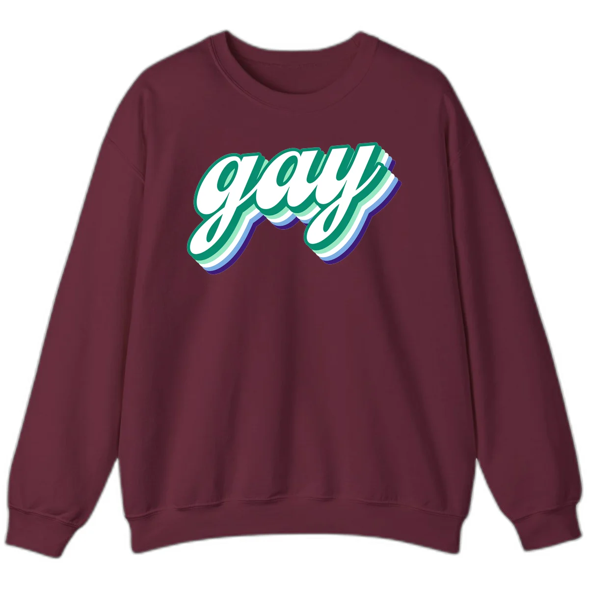 Gay pride layered script design with 3D rainbow color effect in teal, green, blue, and purple in Maroon
