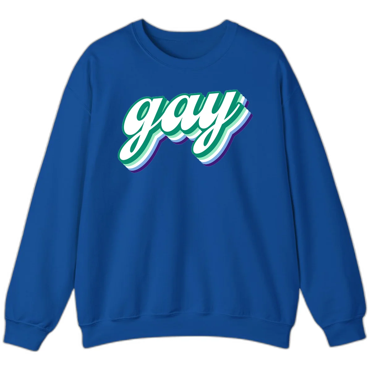 Gay pride layered script design with 3D rainbow color effect in teal, green, blue, and purple in Royal