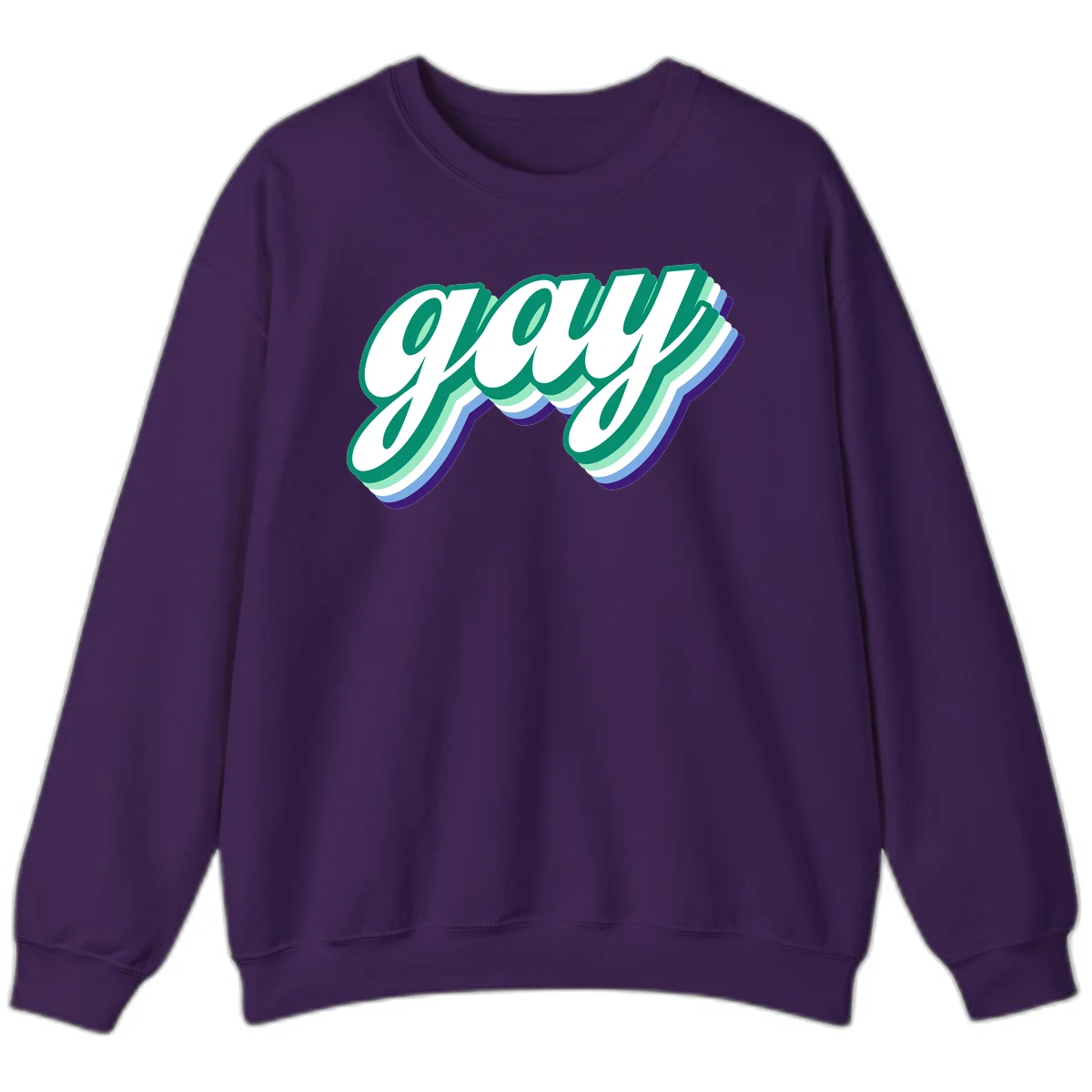 Gay pride layered script design with 3D rainbow color effect in teal, green, blue, and purple in Purple