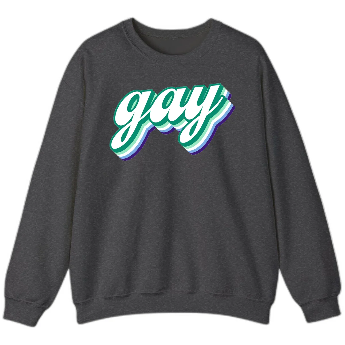 Gay pride layered script design with 3D rainbow color effect in teal, green, blue, and purple in Dark Heather