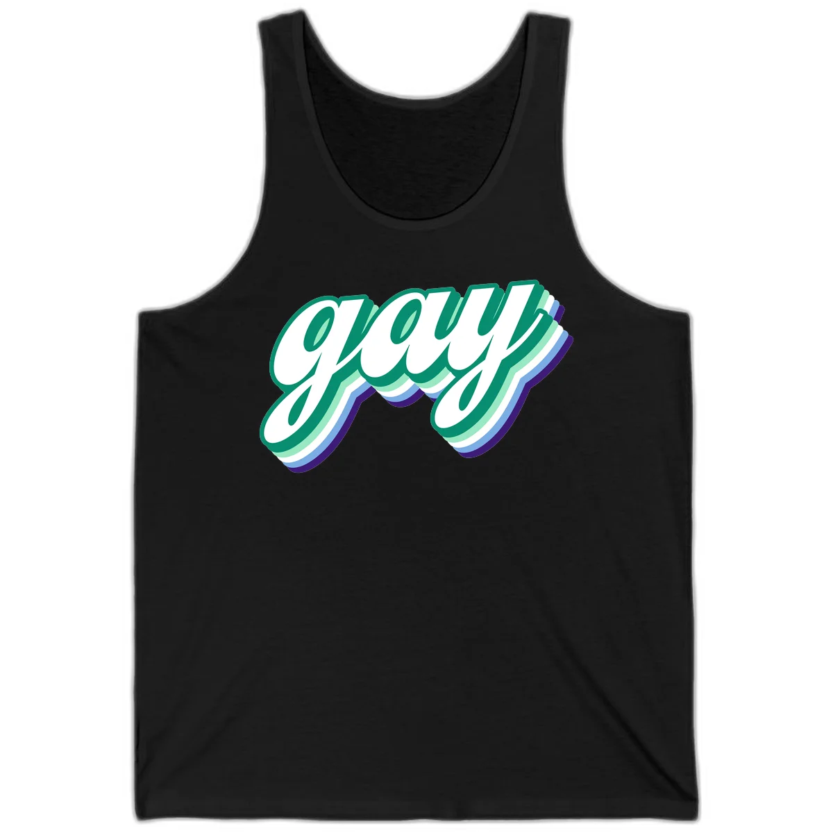 Gay pride layered script design with 3D rainbow color effect in teal, green, blue, and purple in Black