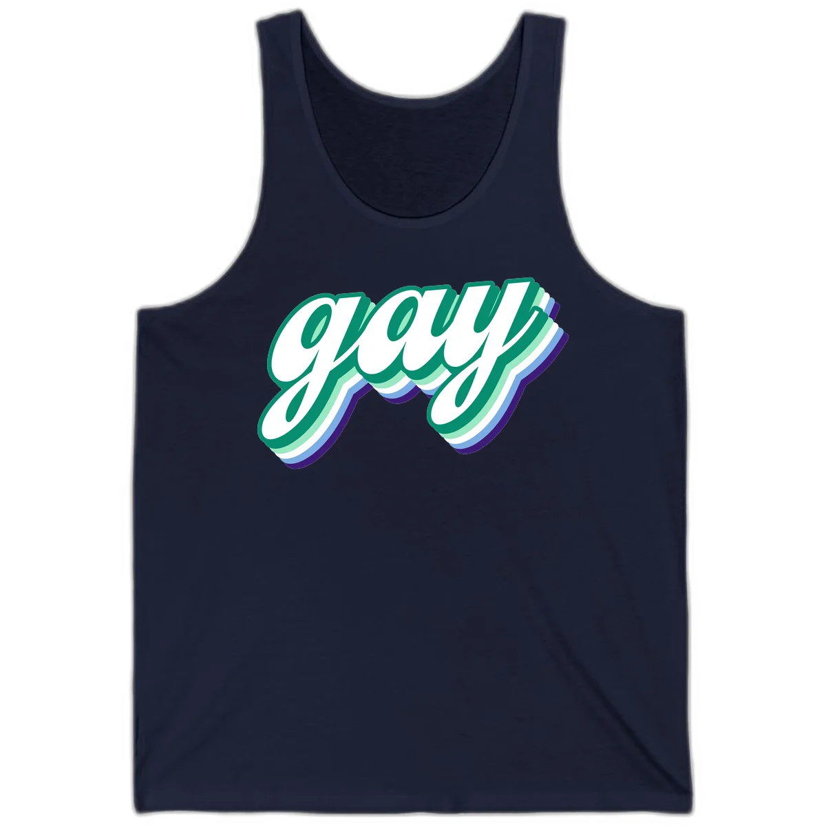 Gay pride layered script design with 3D rainbow color effect in teal, green, blue, and purple in Navy