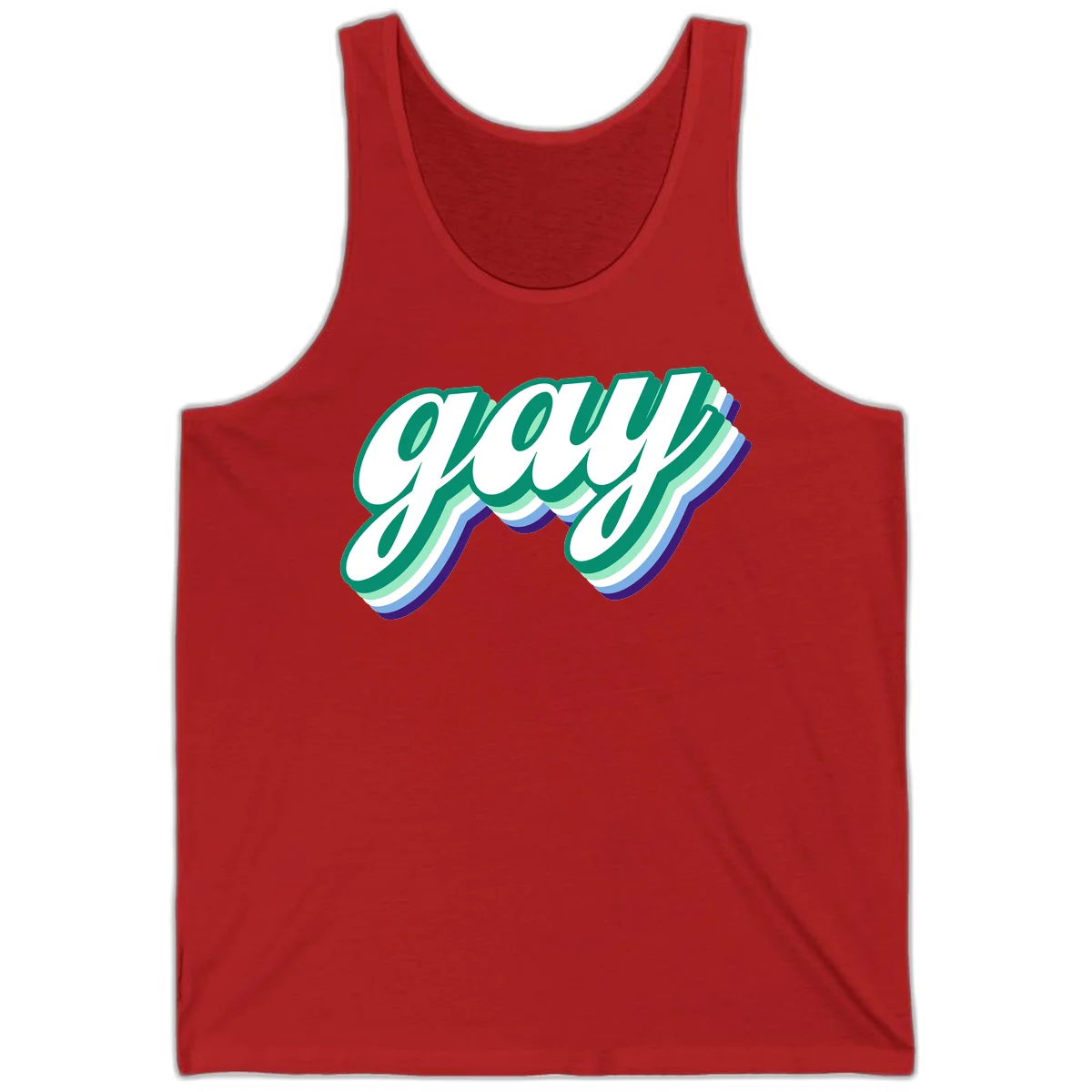 Gay pride layered script design with 3D rainbow color effect in teal, green, blue, and purple in Red