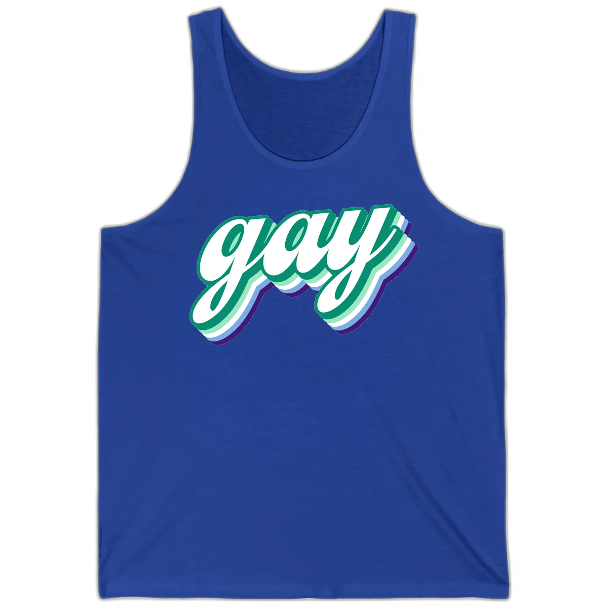Gay pride layered script design with 3D rainbow color effect in teal, green, blue, and purple in True Royal