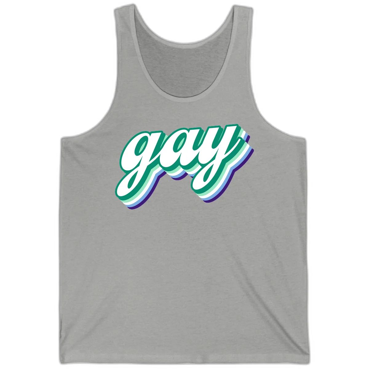 Gay pride layered script design with 3D rainbow color effect in teal, green, blue, and purple in Athletic Heather