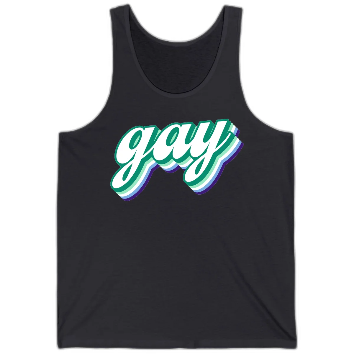 Gay pride layered script design with 3D rainbow color effect in teal, green, blue, and purple in Dark Grey