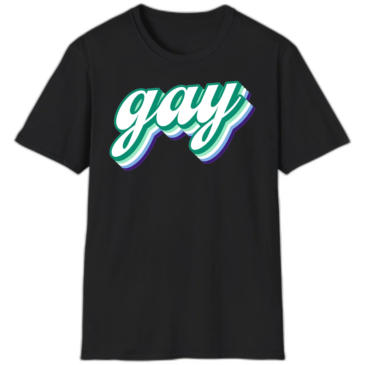 Gay pride layered script design with 3D rainbow color effect in teal, green, blue, and purple in Black