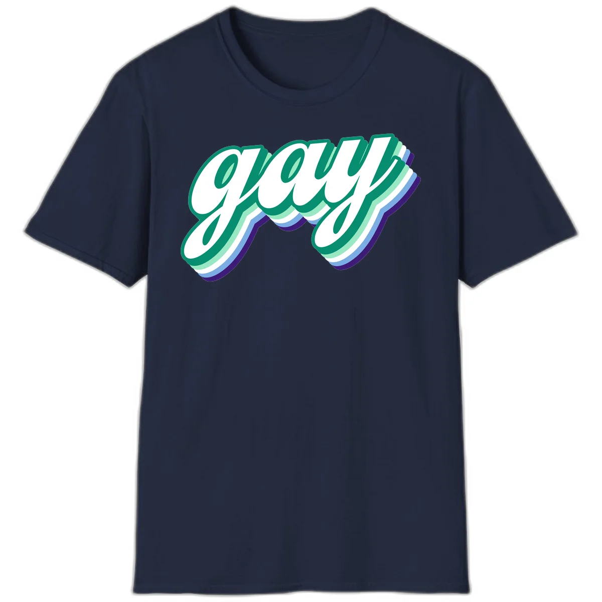 Gay pride layered script design with 3D rainbow color effect in teal, green, blue, and purple in Navy
