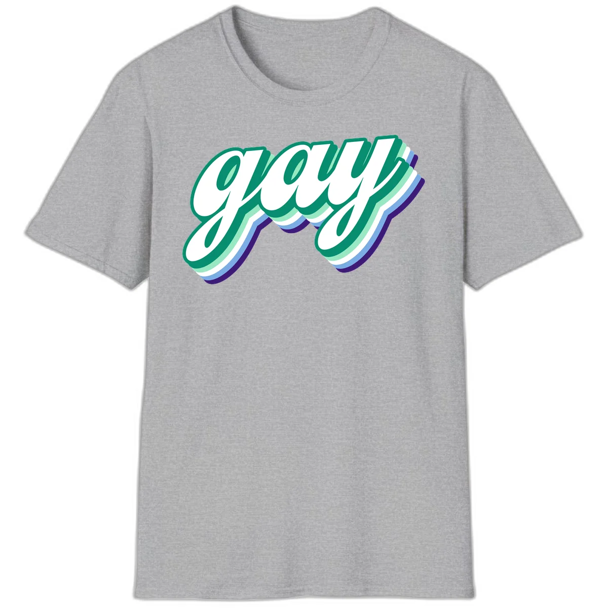 Gay pride layered script design with 3D rainbow color effect in teal, green, blue, and purple in Sport Grey