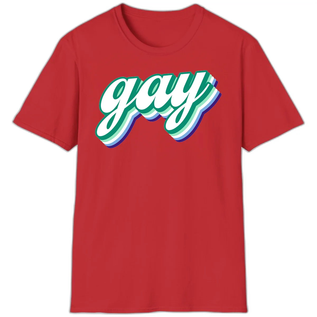 Gay pride layered script design with 3D rainbow color effect in teal, green, blue, and purple in Red