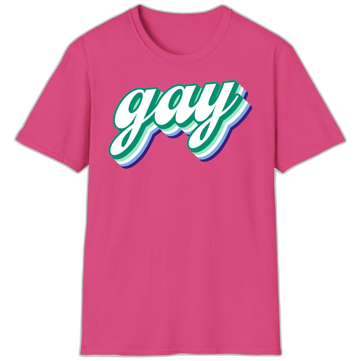 Gay pride layered script design with 3D rainbow color effect in teal, green, blue, and purple in Heliconia