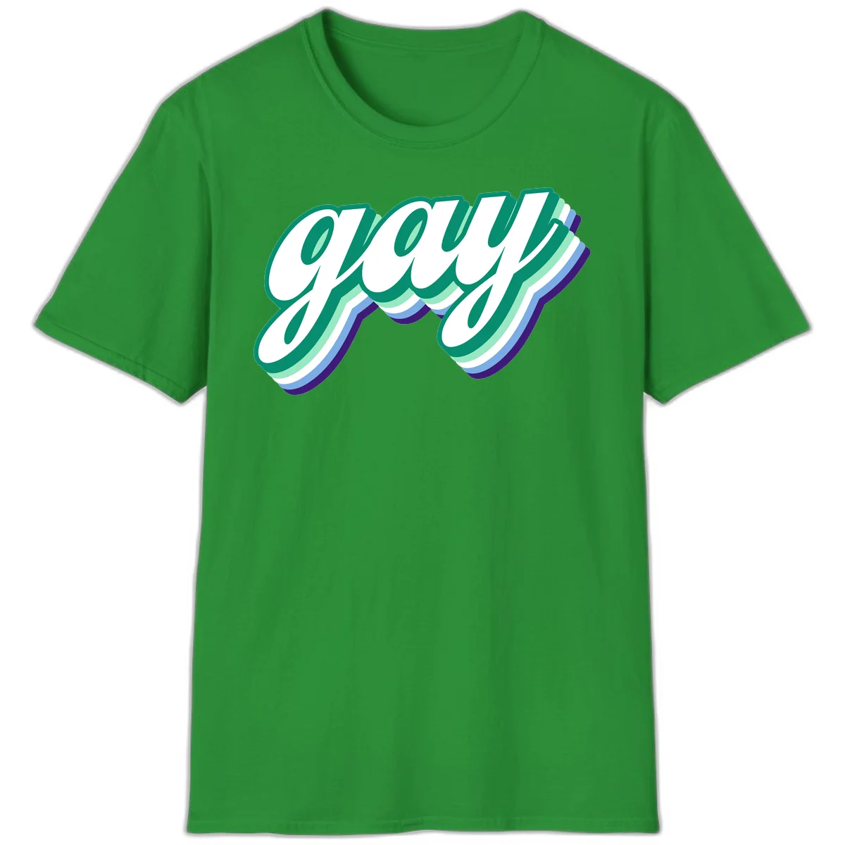 Gay pride layered script design with 3D rainbow color effect in teal, green, blue, and purple in Irish Green