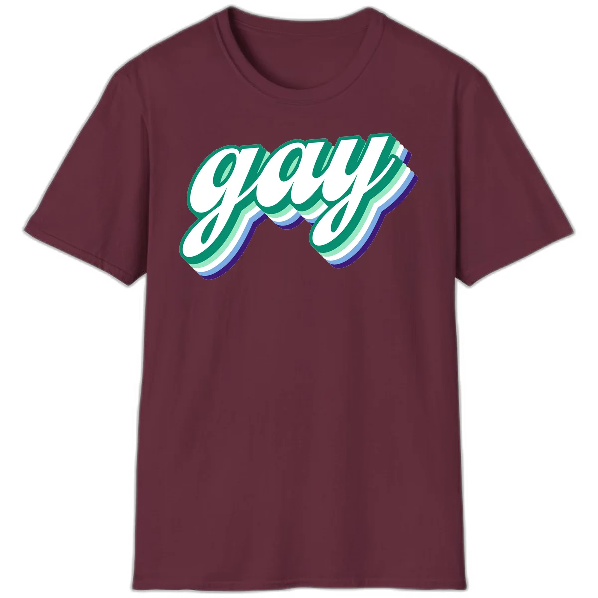 Gay pride layered script design with 3D rainbow color effect in teal, green, blue, and purple in Maroon