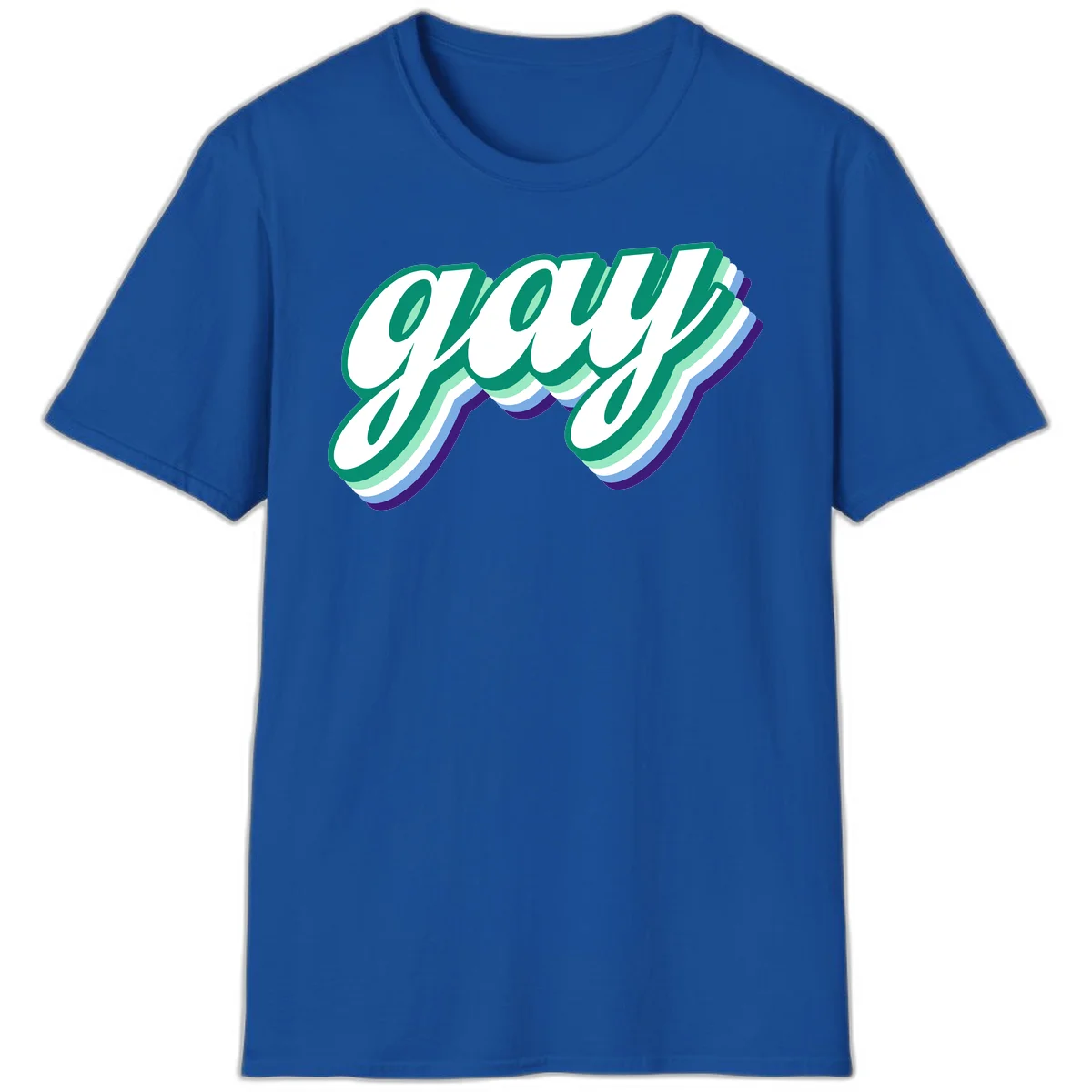 Gay pride layered script design with 3D rainbow color effect in teal, green, blue, and purple in Royal