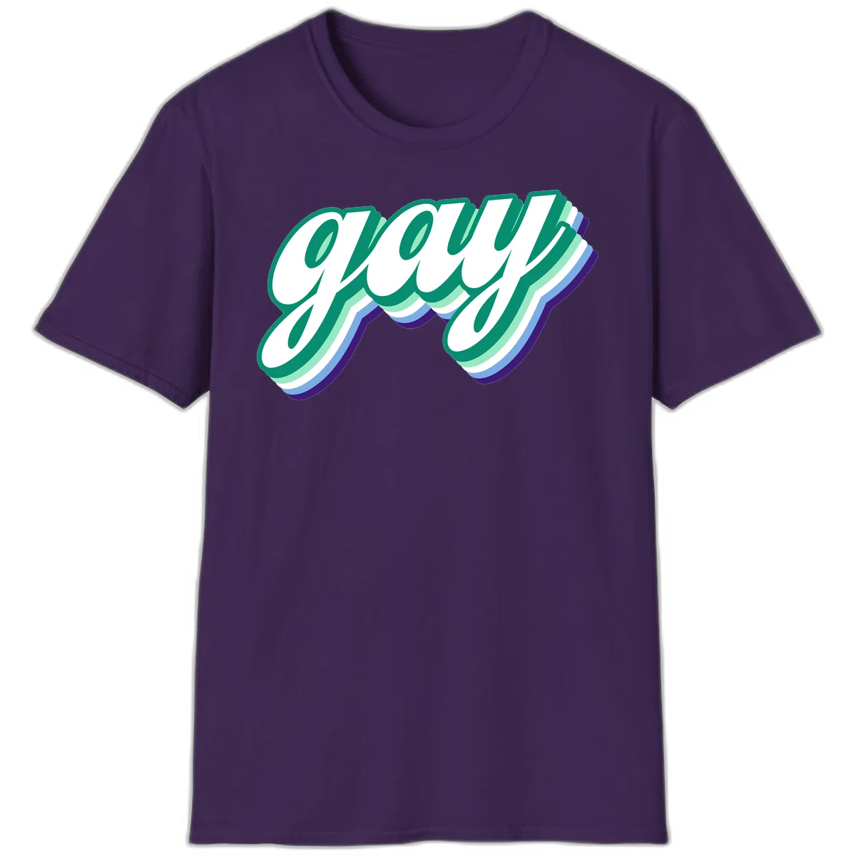 Gay pride layered script design with 3D rainbow color effect in teal, green, blue, and purple in Purple