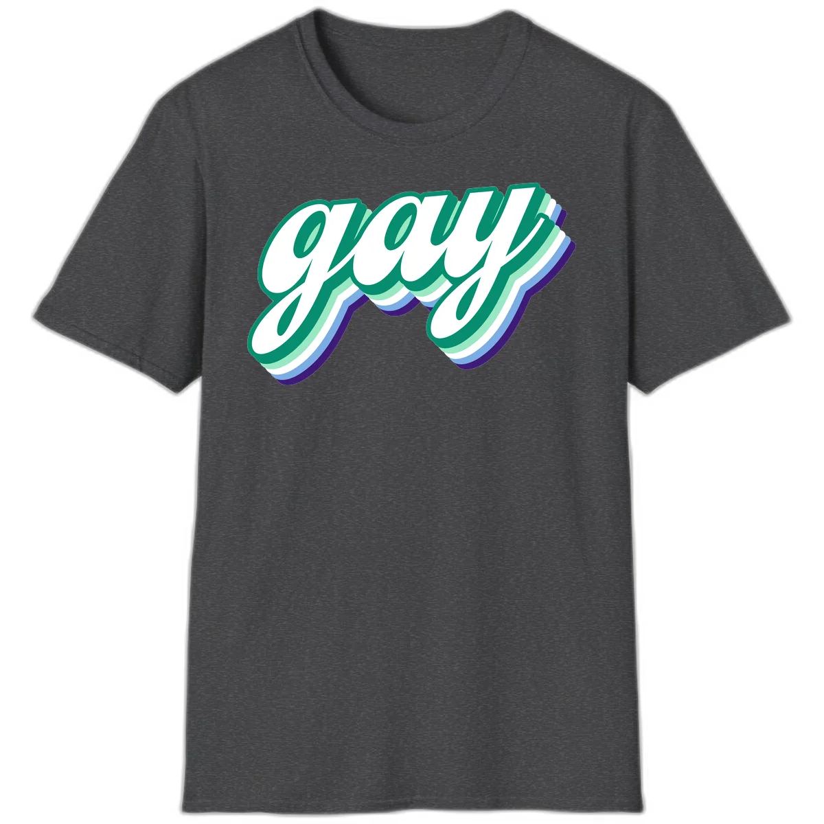 Gay pride layered script design with 3D rainbow color effect in teal, green, blue, and purple in Dark Heather